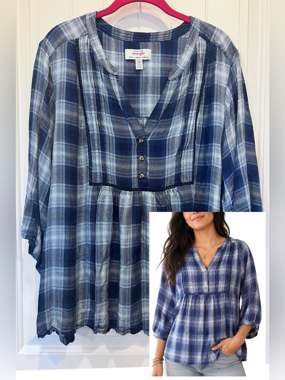 Wrangler Blue Plaid Long Sleeve Peasant Babydoll Coastal Cowgirl Cottage Core XL